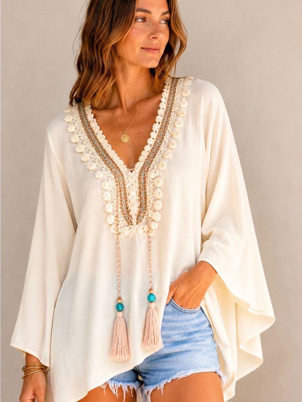 Laurie and Joe Ivory Embroidered V-Neck Tassel Tunic medium